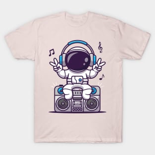 Cute Astronaut Listening With BoomBox Cartoon T-Shirt